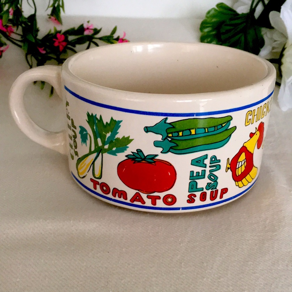 Vtg Ceramic Soup Bowl Mug Cup Chicken Tomato Vegetable Pea
